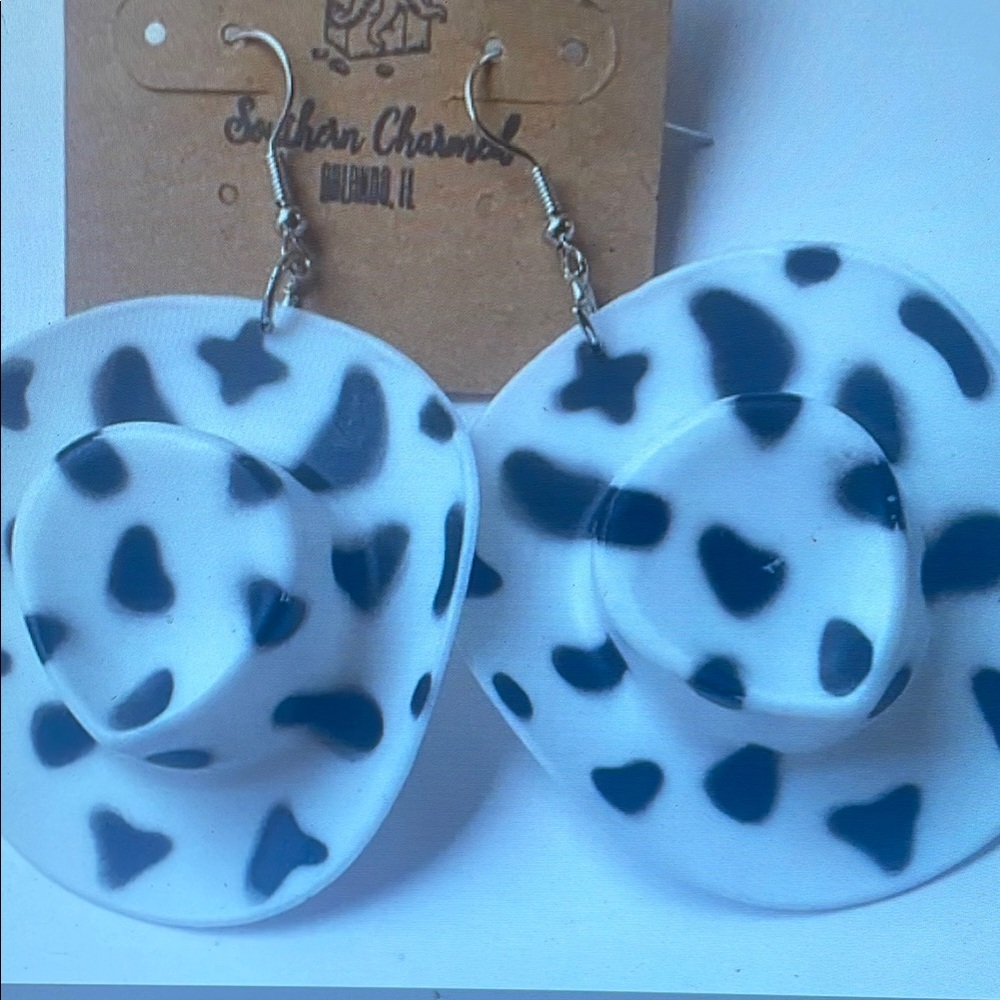 Cow Print Cowboy Hat Earrings